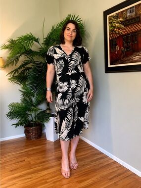 Black Tropical Leaf Midi Dress